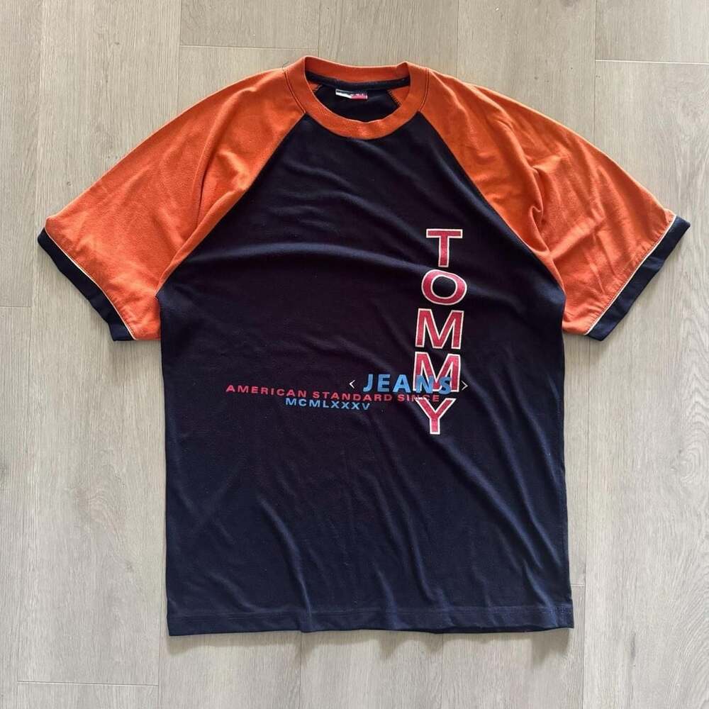 Vintage 90s Tommy Hilfiger Tommy Jeans Raglan T-Shirt Large Navy Orange
